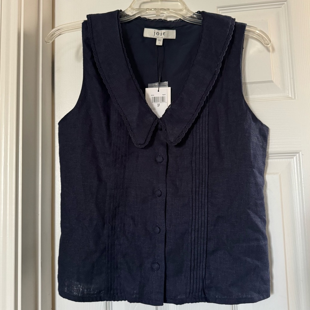 Joie Navy Sleeveless Button-Front Shell with Scalloped Collar
